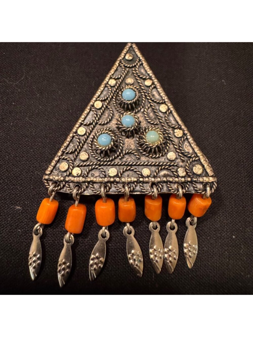 VTG 935 Silver Turquoise Bezel Set & Coral Triangle Brooch Size 1.25" Length